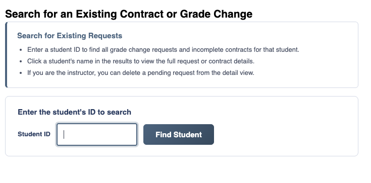 Search for Existing Contract form with Student ID field