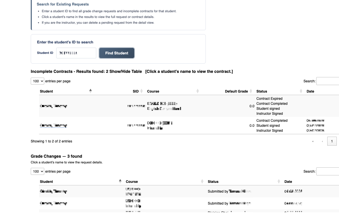 Search results showing grade changes and incomplete contracts